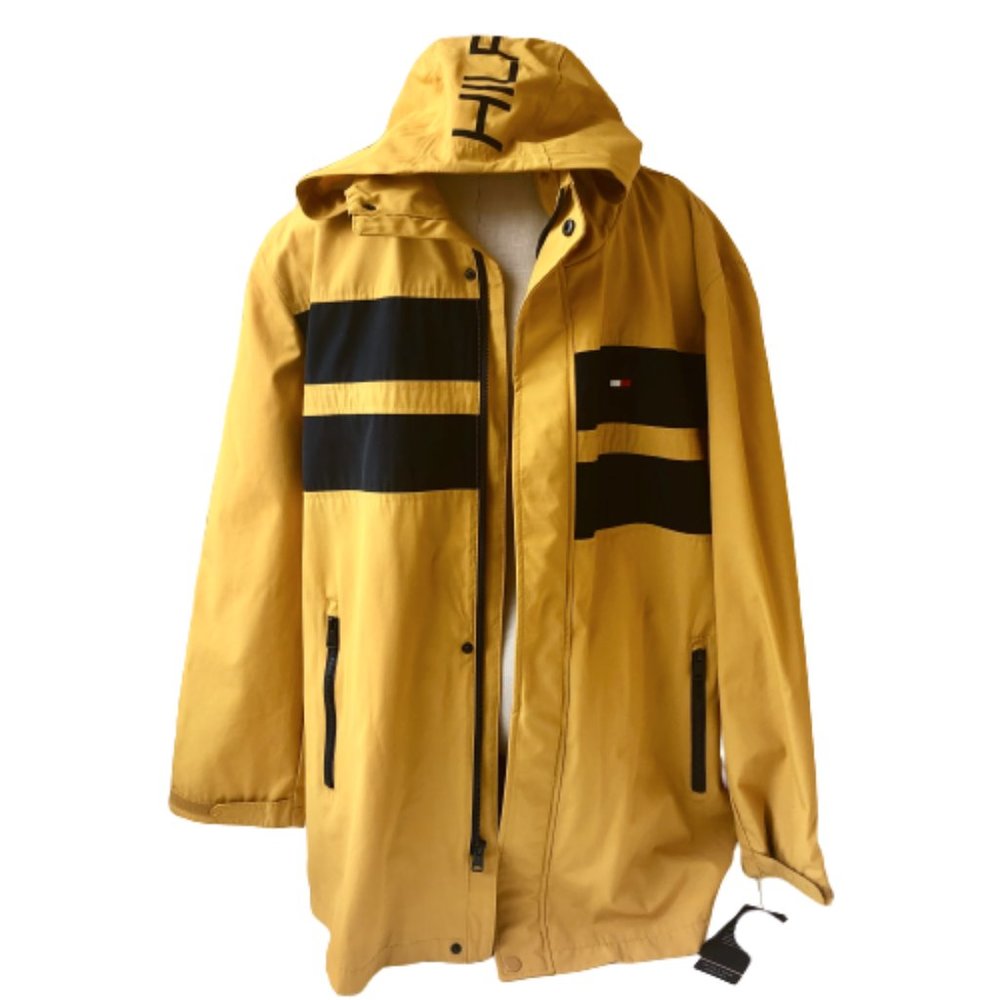 Tommy Hilfiger Mens Midlength Performance Rain Jacket Coat Yellow Stripe XL New